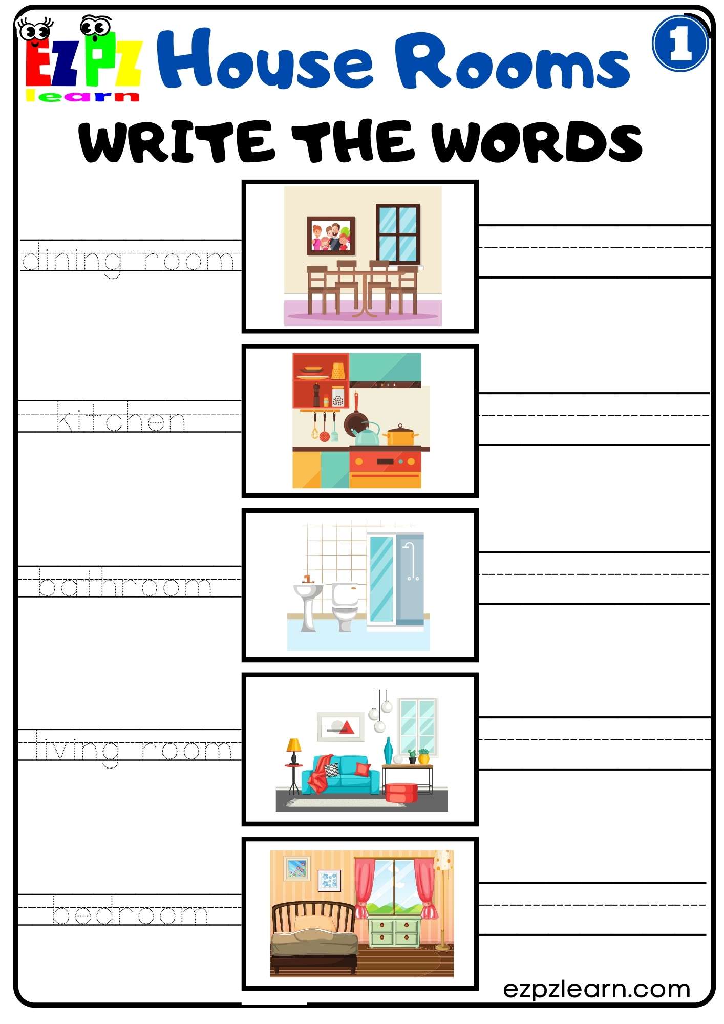 House Rooms Vocabulary Write the Words Activity for Homeschool K5 and ESL Teachers Free PDF